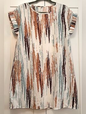 Blue and Brown Abstract Print Cuff Sleeve Tunic Dress Sz LG NEW!